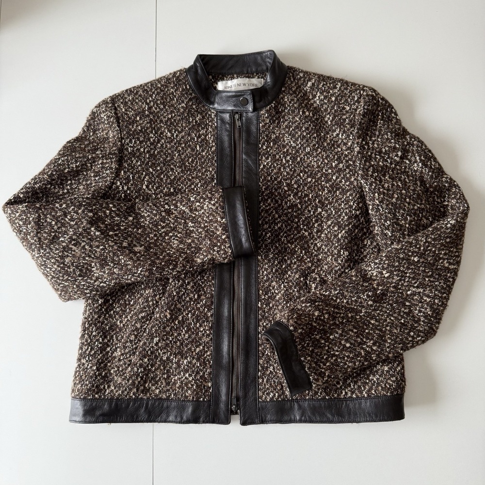 Jones New York Women's Wool Brown Tweed Coat‎ Zip Up Leather Trim Jacket Size 6